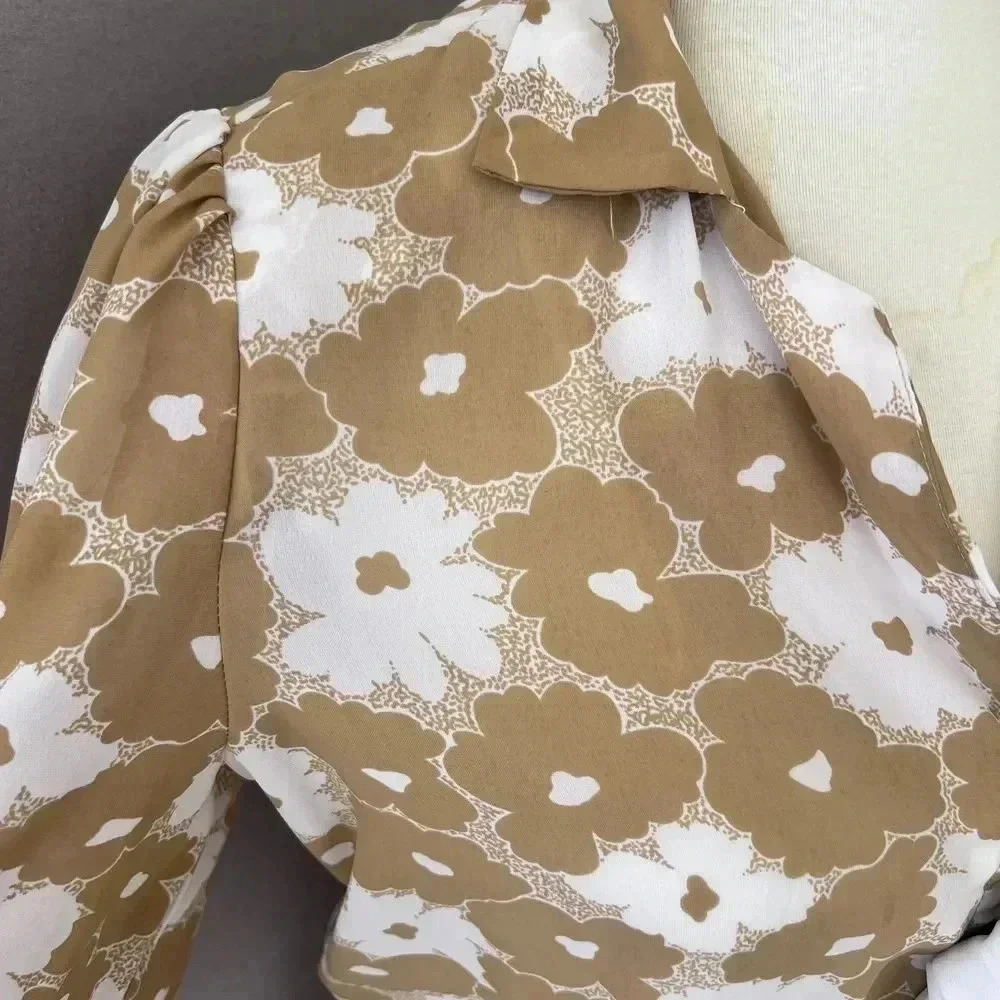 VTG Maree Womens Floral Tan Secretary Dress Sz 12 Structured Retro 80s Twee - Picture 11 of 13